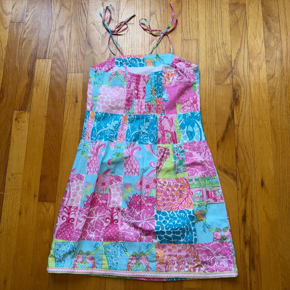 Vintage Lilly Pulitzer Patchwork Resortwear Cotton Shift Dress Pink Blue Size 8 - Picture 2 of 12